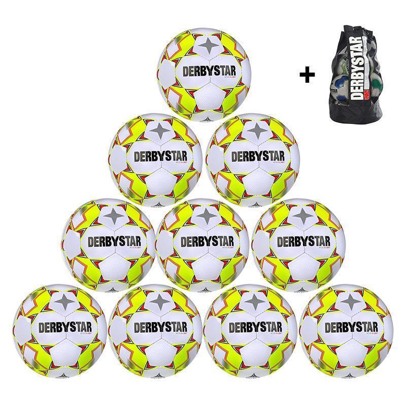 10x Derbystar Apus S-Light v23 Fußball + Ballsack - weiß/gelb/rot